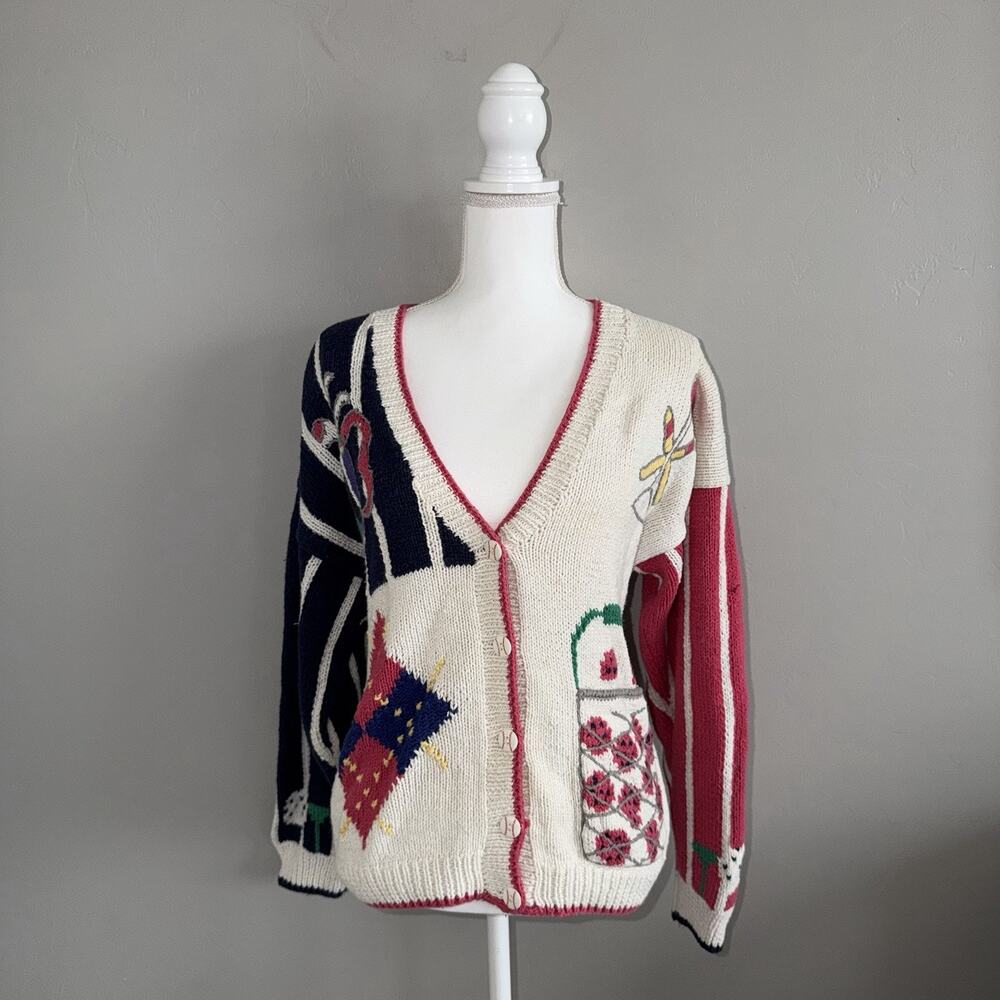 Vintage Cape Isle Knitters Golf Theme Cardigan Sweater Womens Large 90s Novelty